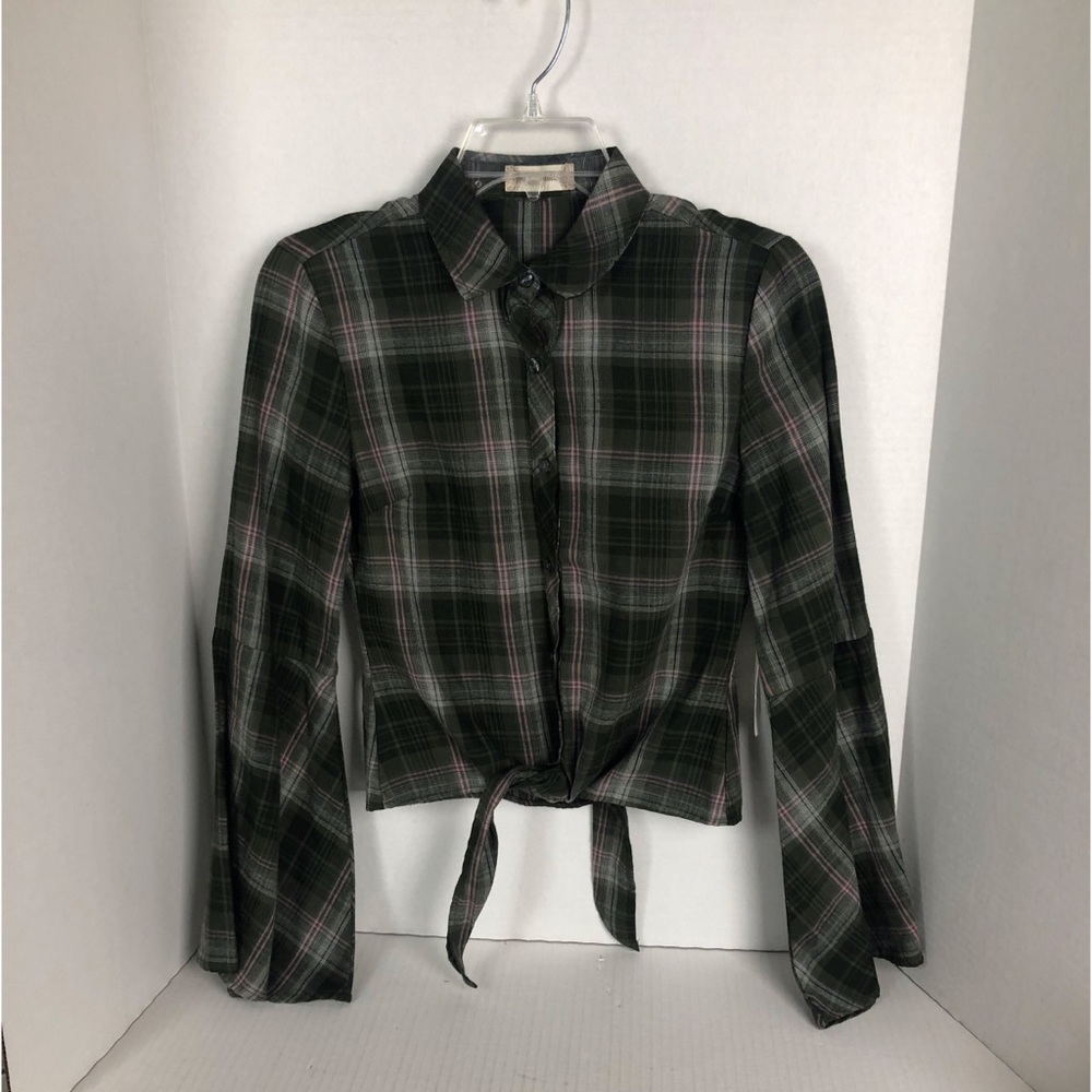 NWT Altar'd State Crop Tie Olive Plaid Bell Sleeve